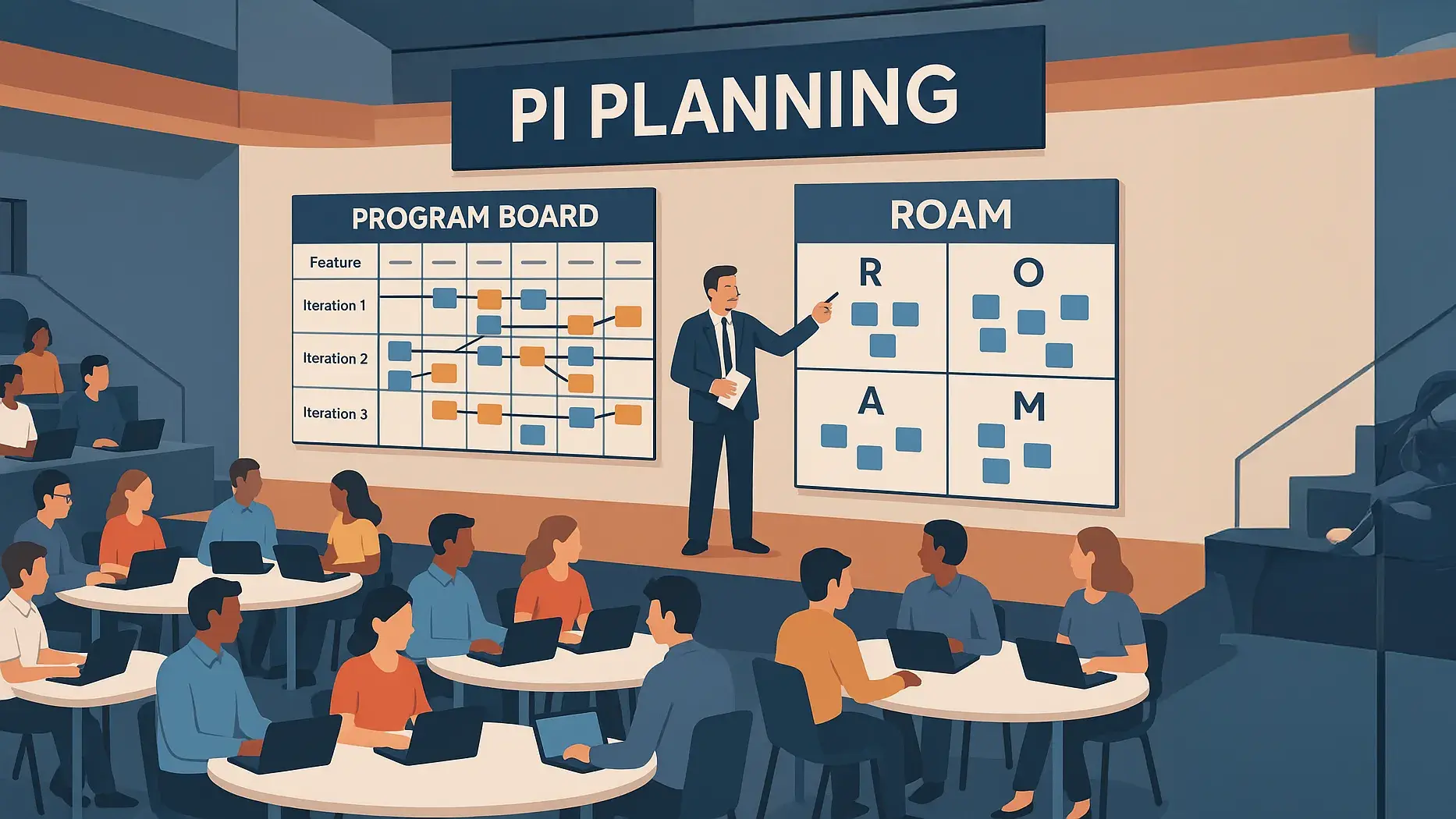 A vivid scene of a large PI Planning event in a modern auditorium multiple agile teams at tables with laptops program board showing features and dependencies a facilitator