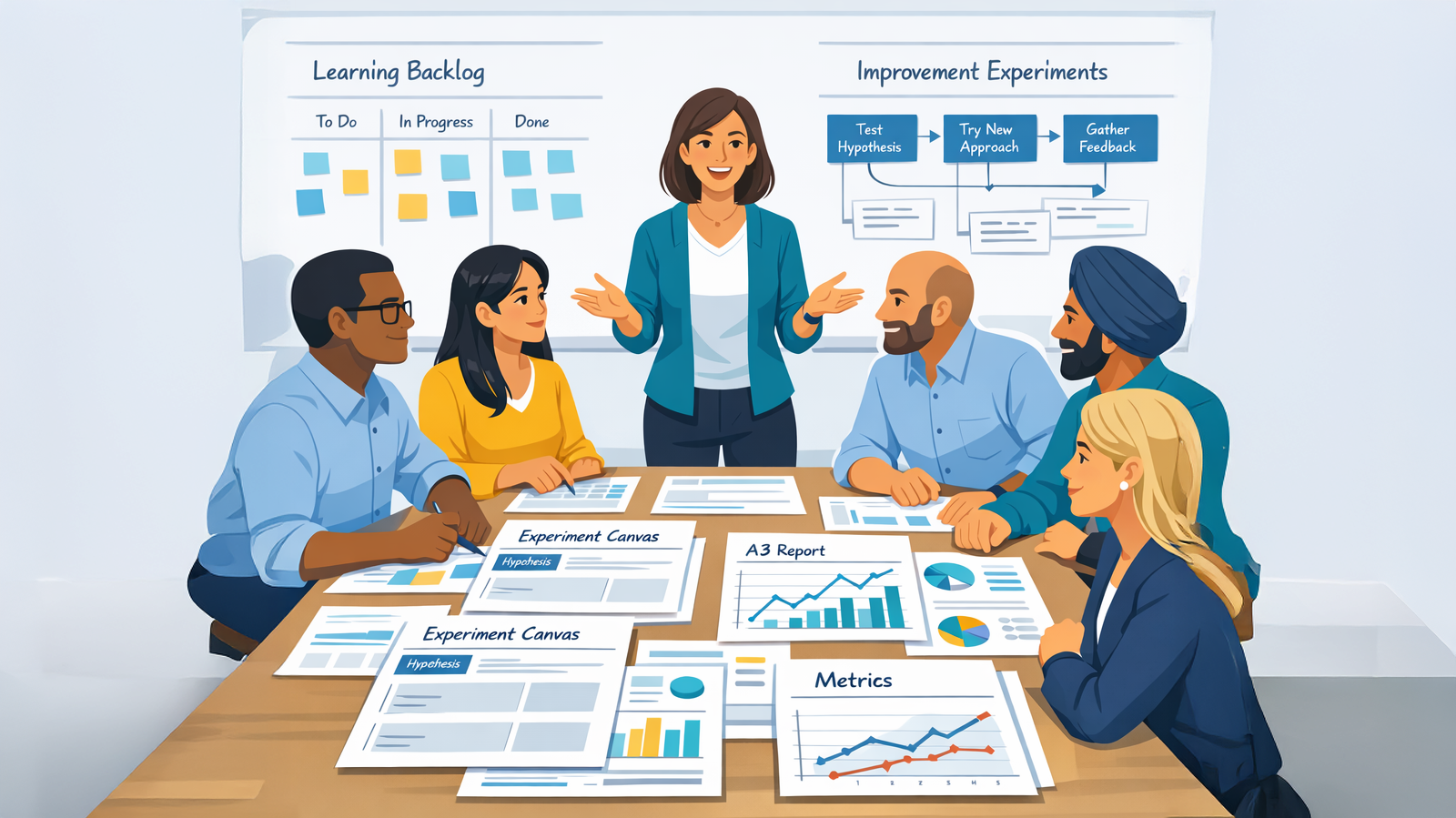 Agile coach facilitating a workshop where leaders and team members collaborate over experiment canvases and improvement metrics.