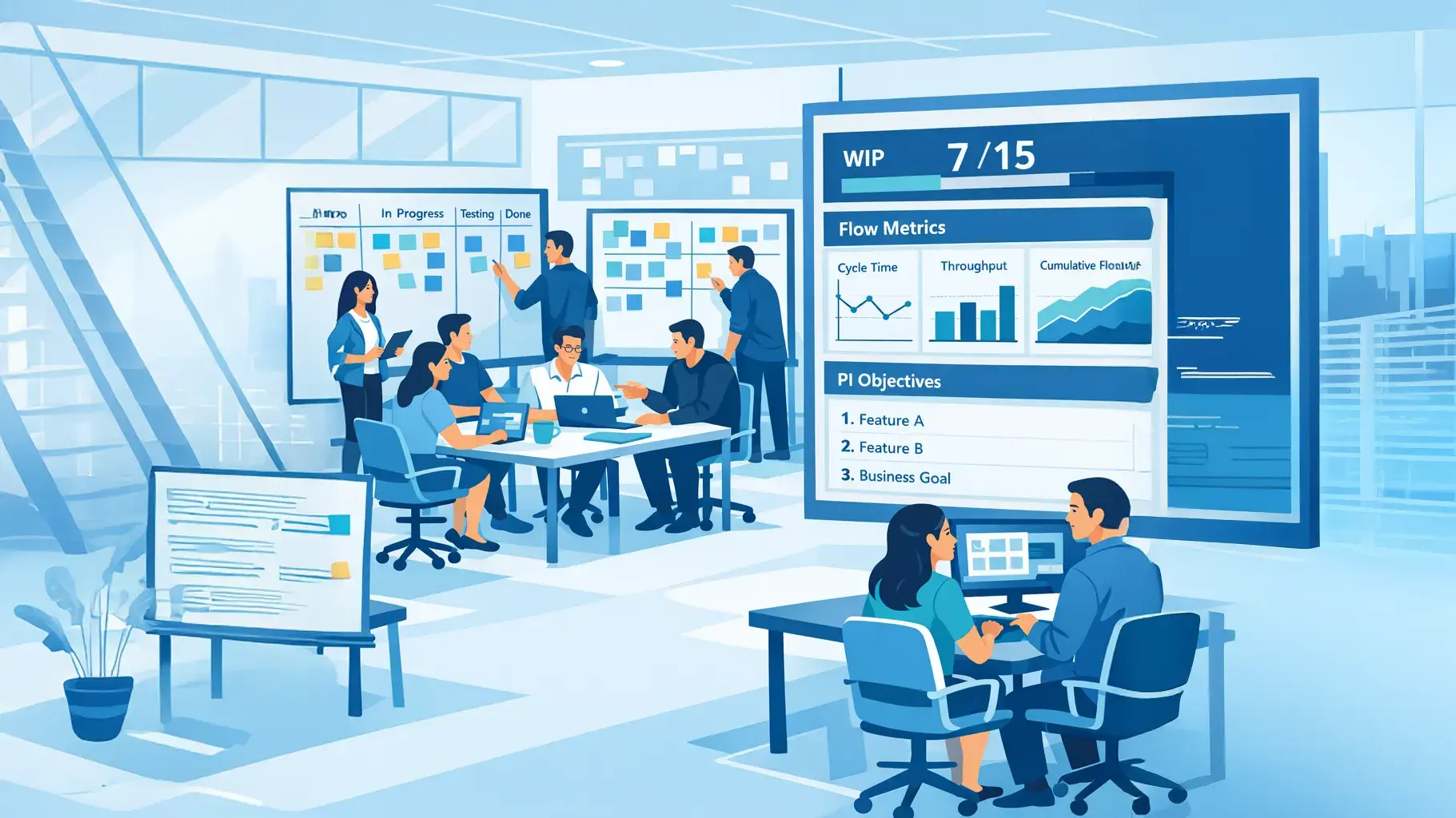 Multiple agile teams working in an open space with visible Kanban boards and a digital dashboard showing WIP and flow metrics.